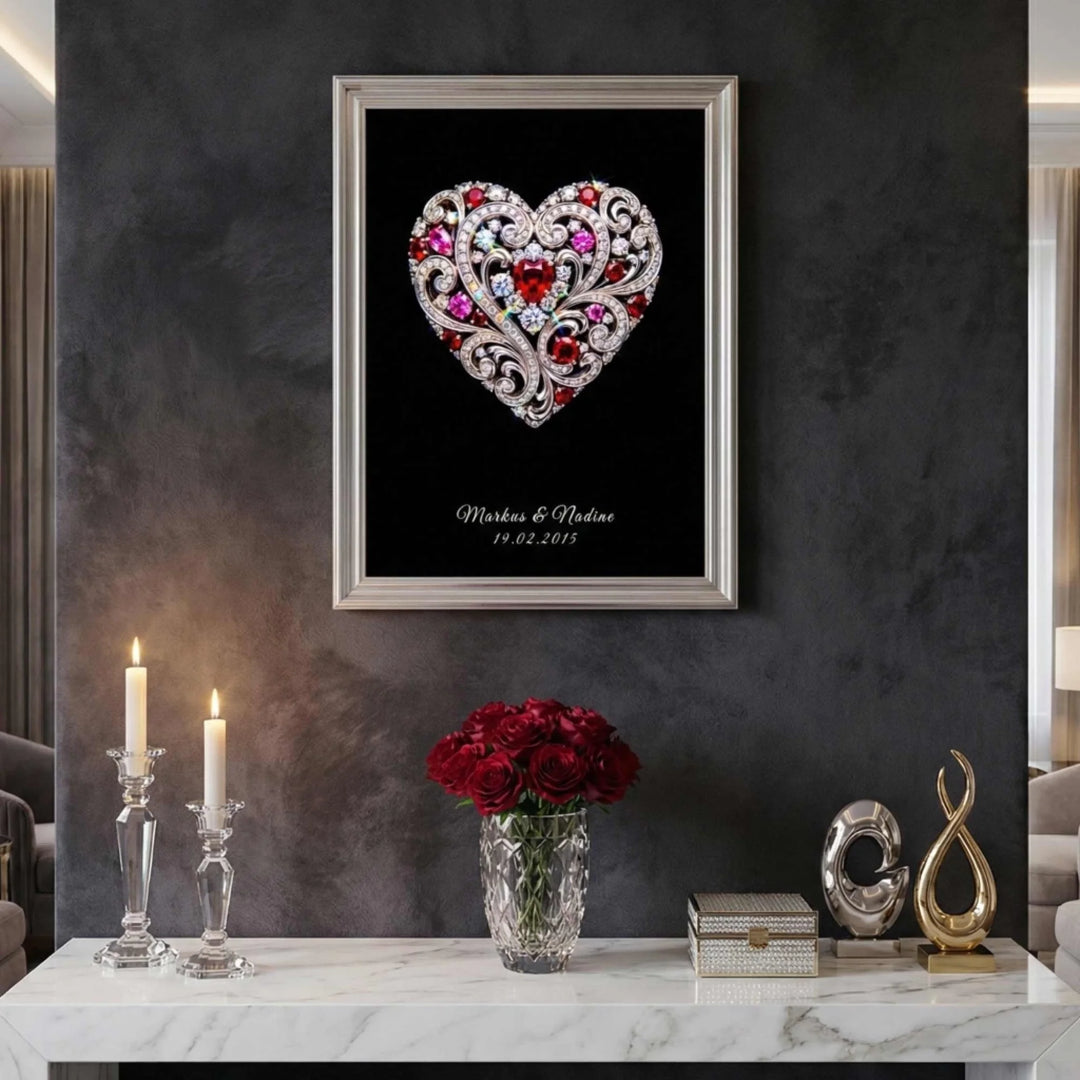 Personalisiertes Liebes-Poster Herz der Liebe mit Namen und Datum in intensiven Farben