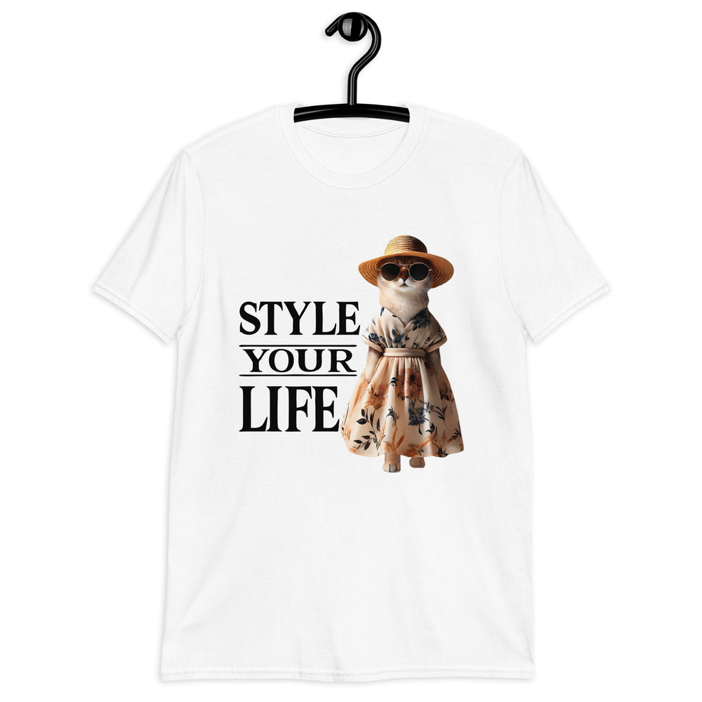 Style Your Life - Weisses Unisex T-Shirt - Katze Blumenkleid